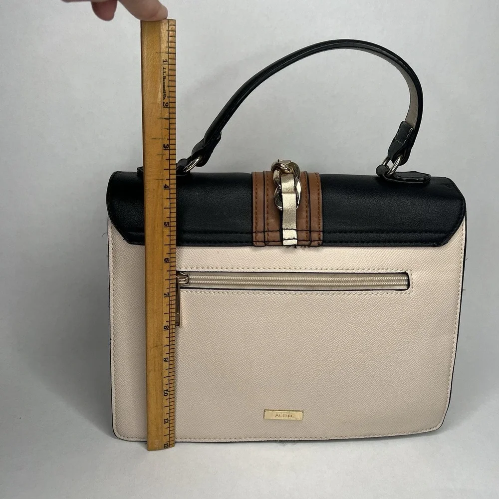 Aldo Handbag Black Brown Cream Purse Satchel Crossbody Gold Accents Trendy Scarf
